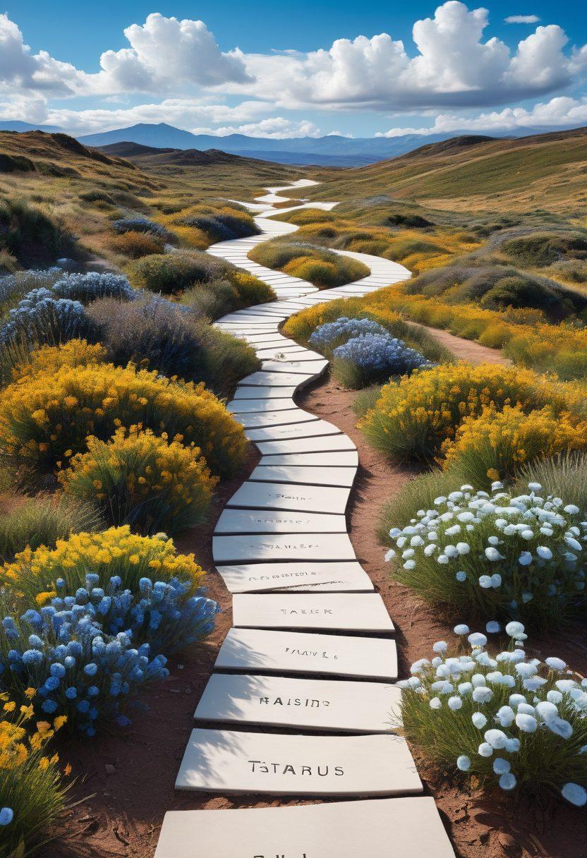 A digital landscape depicting a winding path through diverse terrains representing various online policy topics such as privacy, security, and user rights. The path is lined with signposts indicating 'Your Guide', 'Tailored Policies', and 'Navigate with Ease'. Above, a vibrant blue sky with fluffy clouds portrays a sense of optimism and guidance. The image should have a modern, sleek aesthetic with a hint of optimism. 3D. vibrant colors.