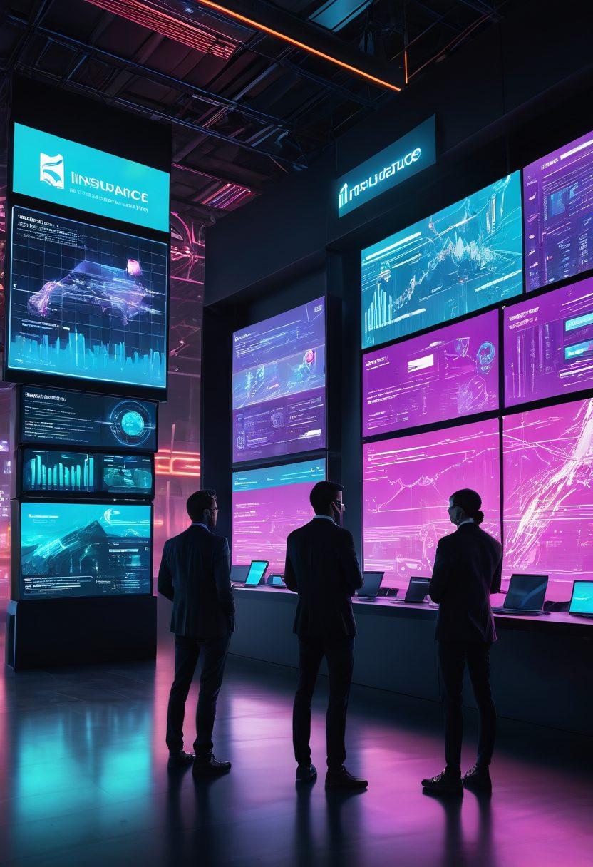 A futuristic digital landscape showcasing various online insurance platforms on glowing screens, with diverse individuals interacting with holographic interfaces. Infographics of coverage options float in the background, depicting customization and technology. The setting implies innovation and accessibility in the insurance sector. vibrant colors. cyberpunk. super-realistic.